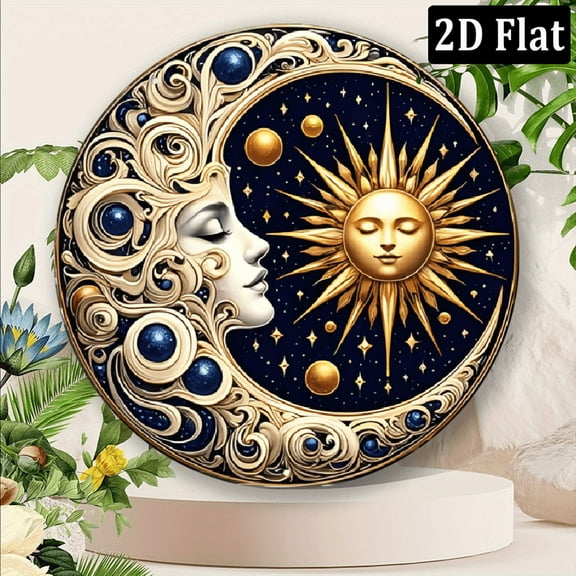 2D Flat, 1pc Celestial Sun And Moon Harmony Aluminum Wall Art - Vintage Round Metal Sign with Intricate Swirling Design, Cosmic Astronomy Theme, Perfect for Home, Bar, Or Beach House Decor,  8*8inch
