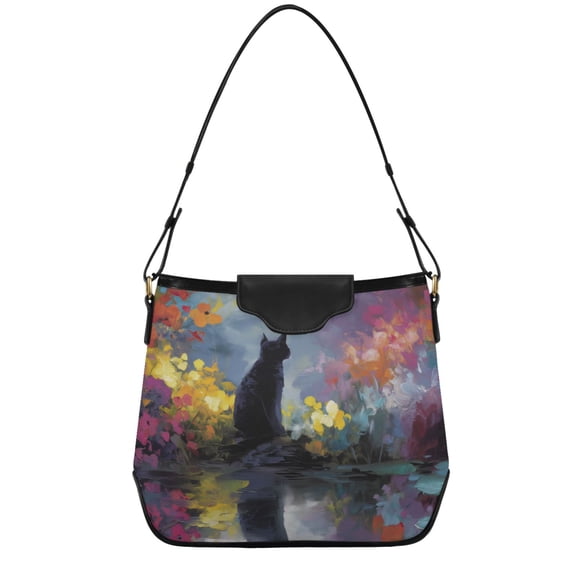 Black Cats with Color Flowers Women's Tote Bag Convertible Handbags Hobo Shoulder Bag with Zipper Magnetic Snap