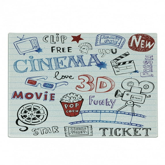 Movie Theater Cutting Board, Various Hand Drawn on a Notebook Page Style Backdrop Hollywood Fun, Decorative Tempered Glass Cutting and Serving Board, Small Size, Multicolor, by Ambesonne