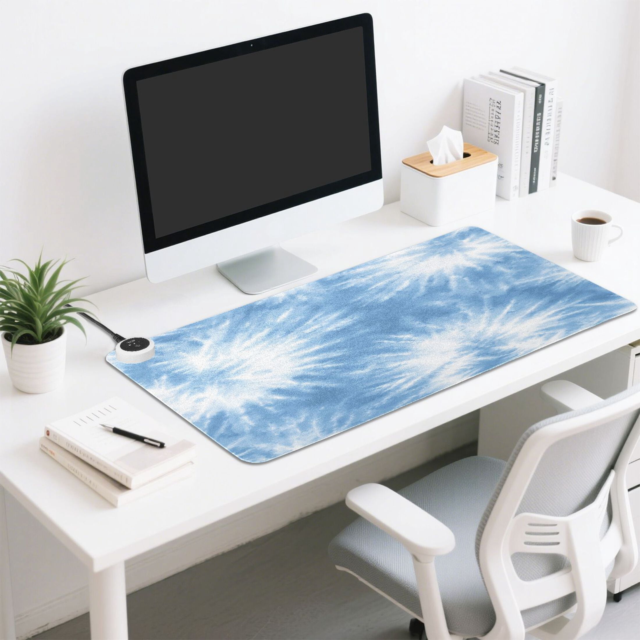 Large Heated Desk Mat Mouse Pad 31.5"x13"PU Leather Graphene Heating Desk Warmer with 3 Temperature Settings 110V US Plug Non-Slip Warm Pad for Home, Office, and Gaming Warm Blue Tie-dye Pattern