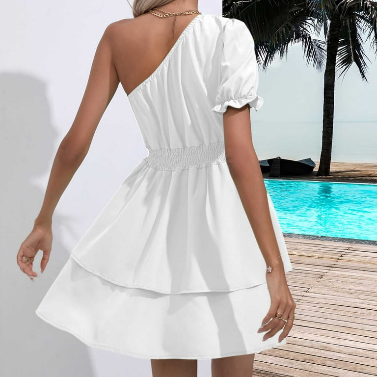 open lace back dress Satin One-Shoulder Short Wedding Dress with Sequins main image 0