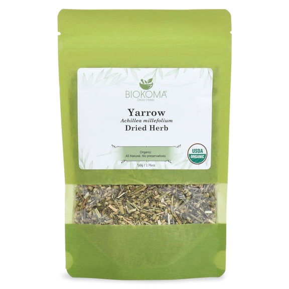 Biokoma Pure and Organic Yarrow Dried Herb 50g (1.76oz) In Resealable Moisture Proof Pouch, USDA Certified Organic - Herbal Tea, No Additives, No Preservatives, No GMO, Kosher