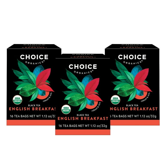 Choice Organics English Breakfast Tea, Contains Caffeine, Black Tea Bags, 3 Boxes of 16