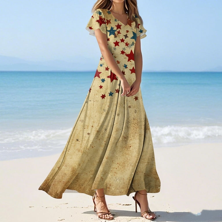 usa flag maxi dress Women's Patriotic Maxi Dress USA Flag Inspired Star Print V Neck Short  Sleeve Independence Day Summer Dress for Beach and Holiday Celebrations  Dark