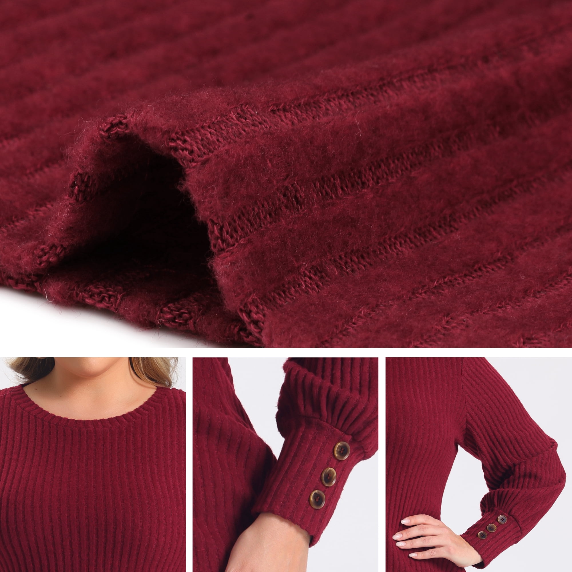 DARING DIVA Women's Plus Sweater Ribbed Knit Lantern Sleeve Dress 1X Dark Red