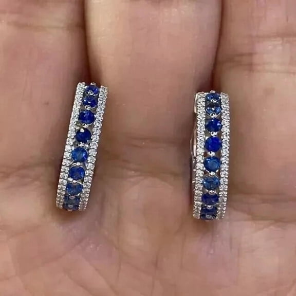 Bluebell Jewels 2 Ct Round Cut Blue CZ Women's Hoop Earrings 14K White Gold Plated