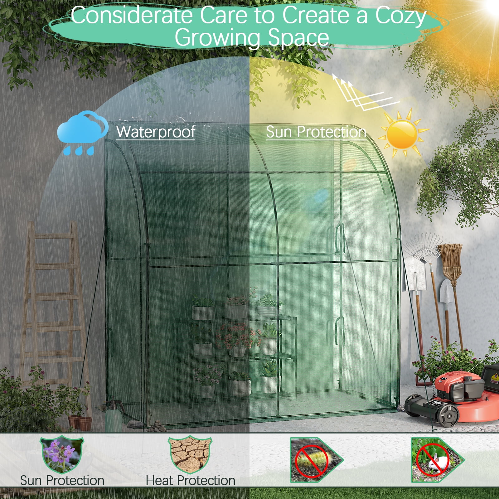 Patiojoy Lean-To Walk-In Greenhouse with Flower Rack 7’ x 3.5’ x 7’ Wall Green House with Roll-Up Doors Waterproof PE Cover & Metal Frame