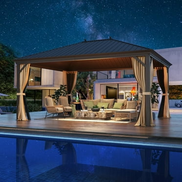 EROMMY 12'x16' Hardtop Gazebo Galvanized Steel Outdoor Patio Gazebo Canopy Permanent Gazebo with Single Roof Aluminum Frame, Netting & Curtains