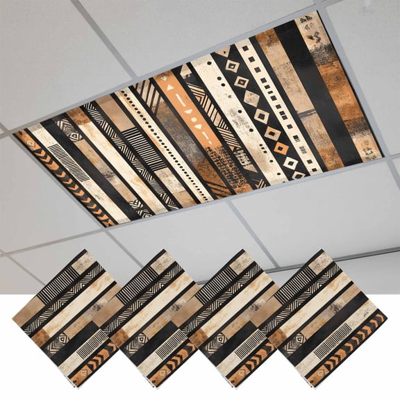 Fluorescent Light Covers for Ceiling Lights Classroom, Retro Boho Magnetic Ceiling Light Cover Filter for School,Office, 2X4 FT, Pack of 4, Ethnic Tribal Striped Pattern Brown Beige