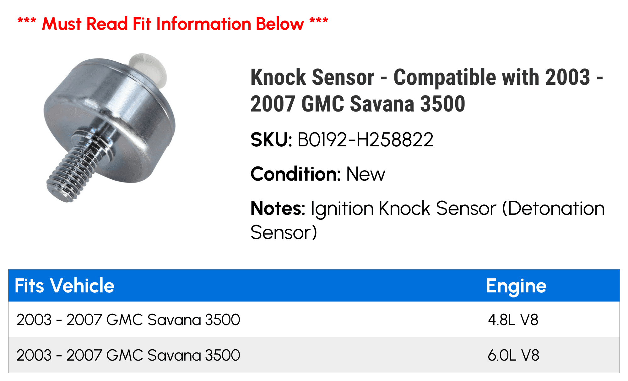 Knock Sensor - Compatible with 2003 - 2007 GMC Savana 3500 2004 2005 2006