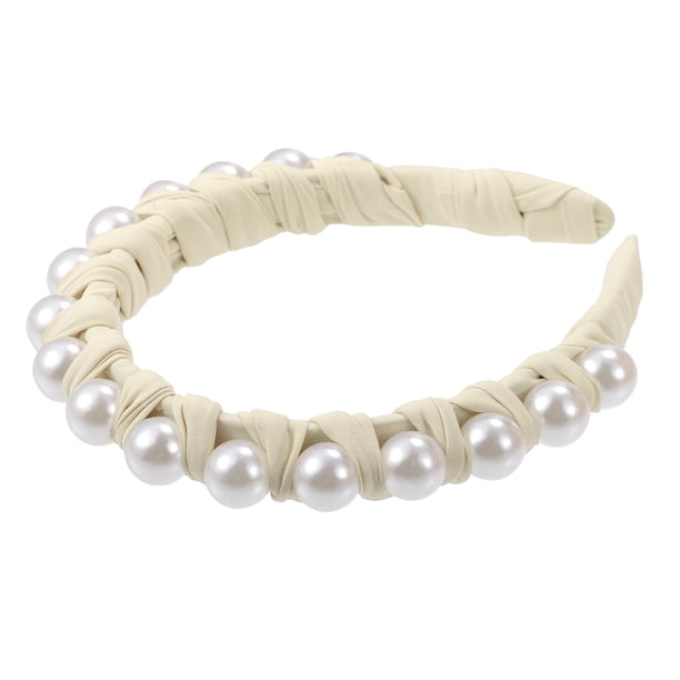 diadema con cinta trenzada de perlas sintéticas, diadema de moda para mujer, beige, 0,79 pulgadas de ancho
