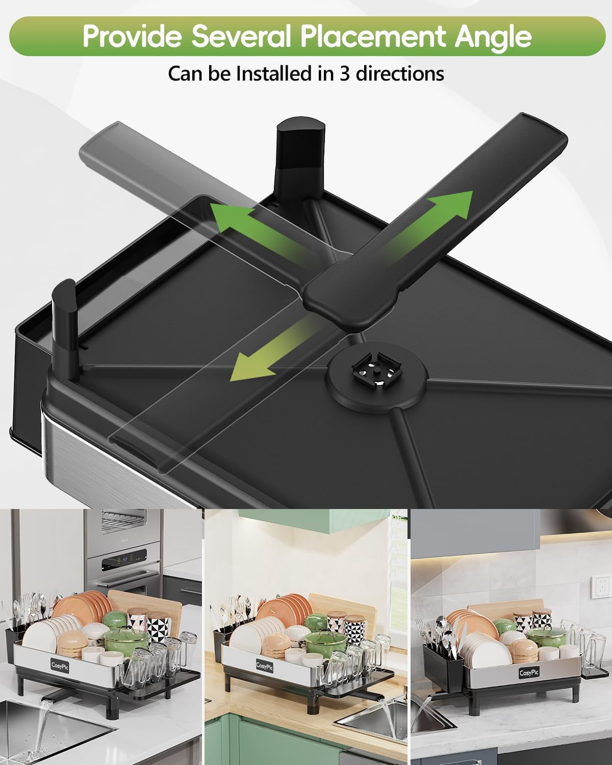 Premium 304 Stainless Steel Dish Drying Rack with Automatic Drainage and Utensil Holder for Kitchen Counter, Black