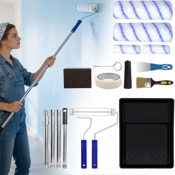 Paint Roller Kit with Extension Pole, 19 Piece Paint Brushes Set for House & Wall Painting, Indoor/Outdoor House Painting Tool Kit