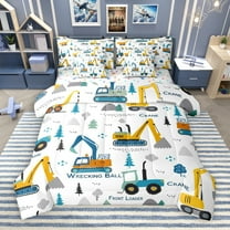 Manfei Excavator Bulldozer 7-Piece Twin Bedding Sets,Construction Vehicles Bedding Comforter Set,White Yellow Blue Sheet Sets For Boys Kids,Super Cozy Room Decor Reversible