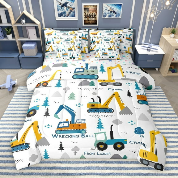 Manfei Excavator Bulldozer 7-Piece Twin Bedding Sets,Construction Vehicles Bedding Comforter Set,White Yellow Blue Sheet Sets For Boys Kids,Super Cozy Room Decor Reversible