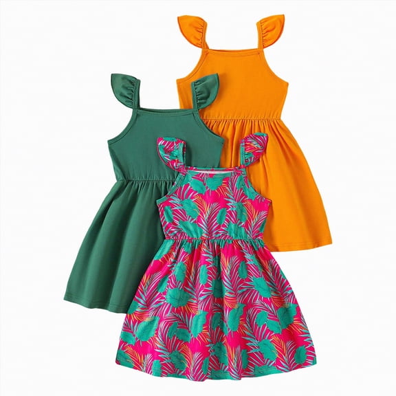 Gibobby Little Girls Summer A-Line Tank Dresses 3 Pack Adorable Ruffle Strap Multicolor Casual Daily Dress for 3-8 Years Kids(2-3 Years,Purple)