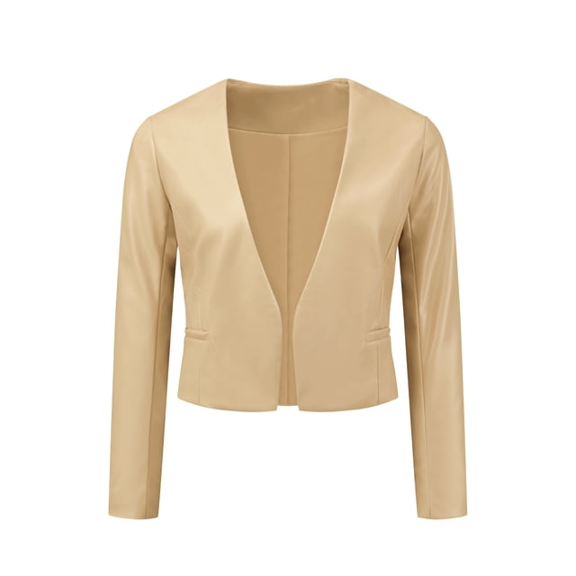 CHAQUETA DE MUJER INSPIRE CHIC DE CUERO SINTÉTICO, CORTA, SIN COLLAR, ABIERTO EN FRONTAL, CHAQUETAS DE MOTO BIKER M, ORO