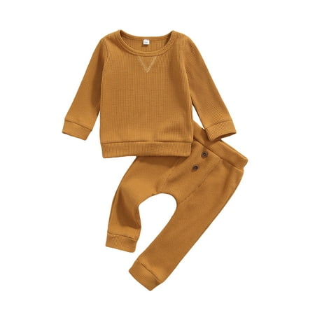 

Canrulo Newborn Infant Baby Girls Boys Clothes Set Long Sleeve Tops Pants Casual Autumn Spring Outfits Yellow 12-18 Months