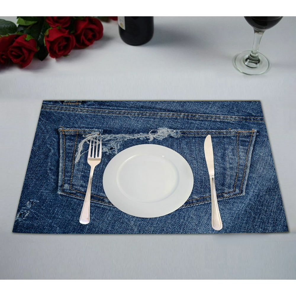 ECZJNT torn Jeans denim pocket Placemat Table Mat Cup Mat 12x18 inch,Set of 2