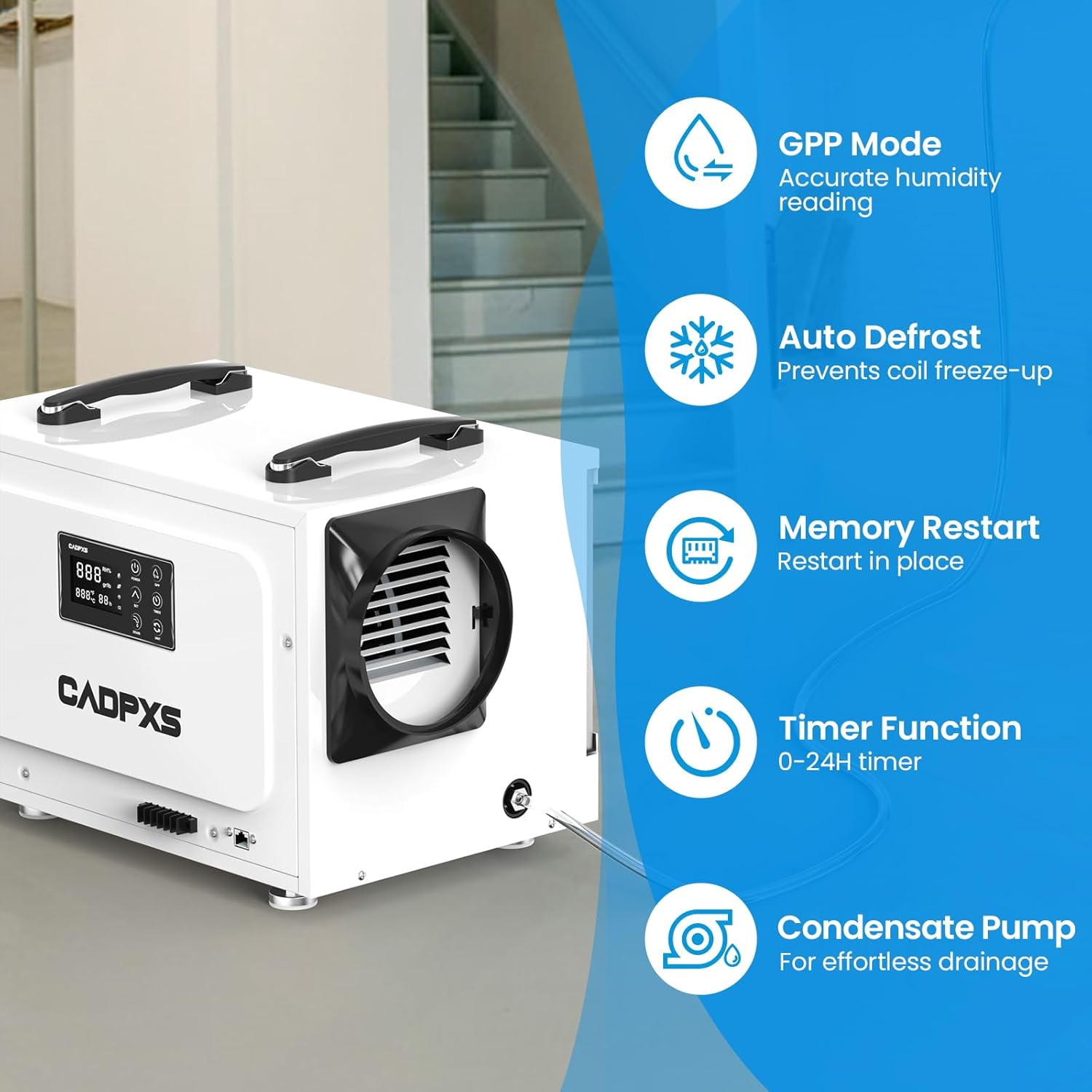 CADPXS Crawl Space Dehumidifier with Pump, 125 Pints Commercial Dehumidifiers with Drain Hose, Dehumidifier for Crawlspace, Basements & Water Damage Use, Auto Defrost, Memory Restart, cETL Listed