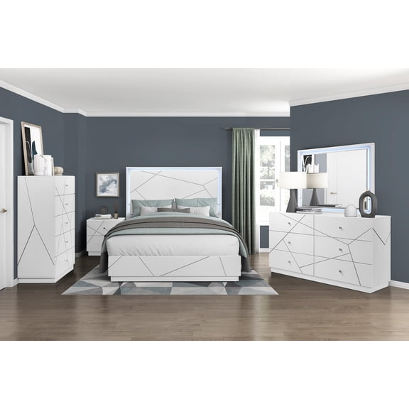 5pc Bedroom Furniture Set Queen Size White Finish LED Headboard Bed Glam Geometric Design