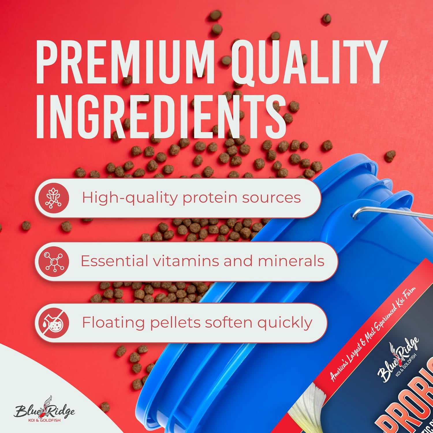 Blue Ridge Koi Fish Food 14lb - Koi Food 3/16” Probiotic Plus, Goldfish Food, Premium Fish Food for Ponds, Ponds Fish Food, Koi Food Fall and Winter Fish Food, Floating Pond Pellets