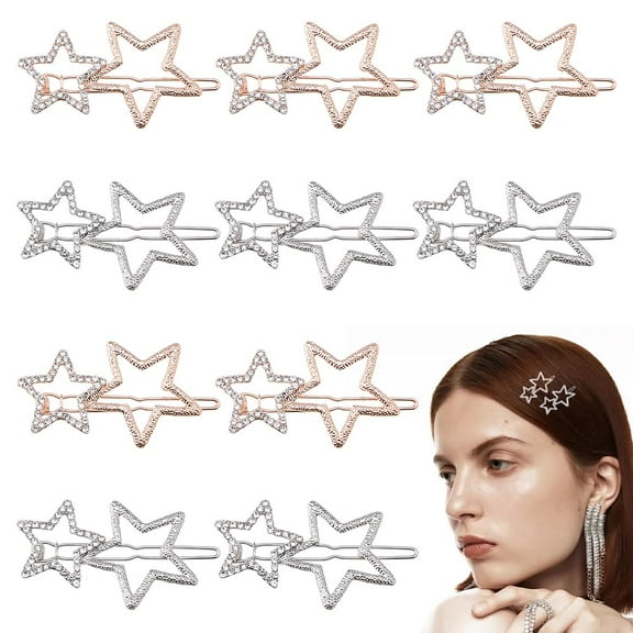 10pcs Alloy Rhinestone Star Hair Clips Elegant Rhinestone Star Hair Barrettes Silver Golden Hollow Clip