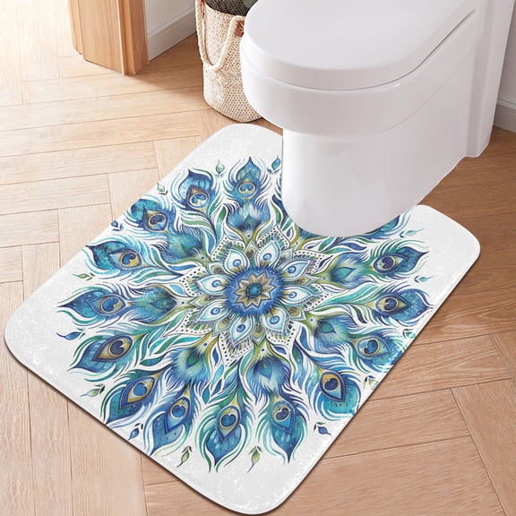 Toilet Rug U-Shaped Bathroom Rugs Non-Slip Soft Plush Machine Washable Contour Bath Mat Mandala Peacock Feathers 24x20