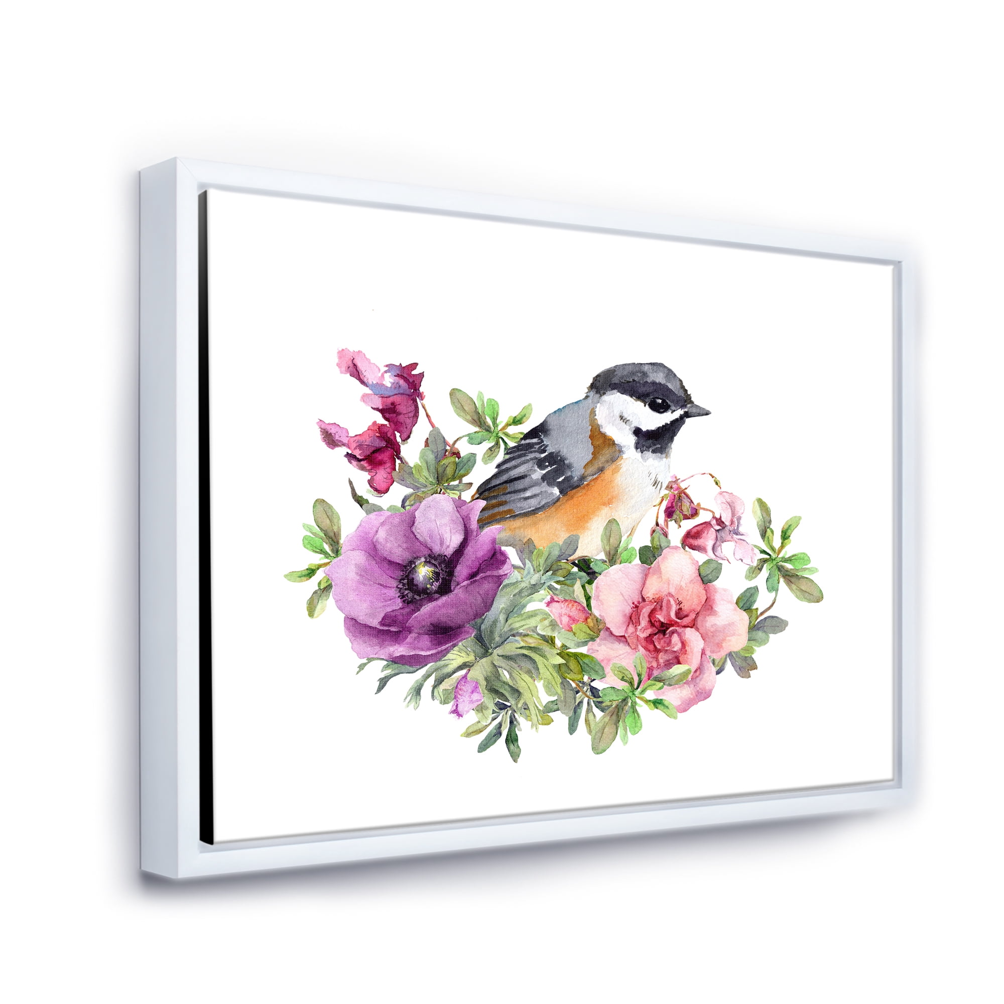 Designart 'Cute Bird In Purple and Pink Flowers' Traditional Framed Canvas Wall Art Print