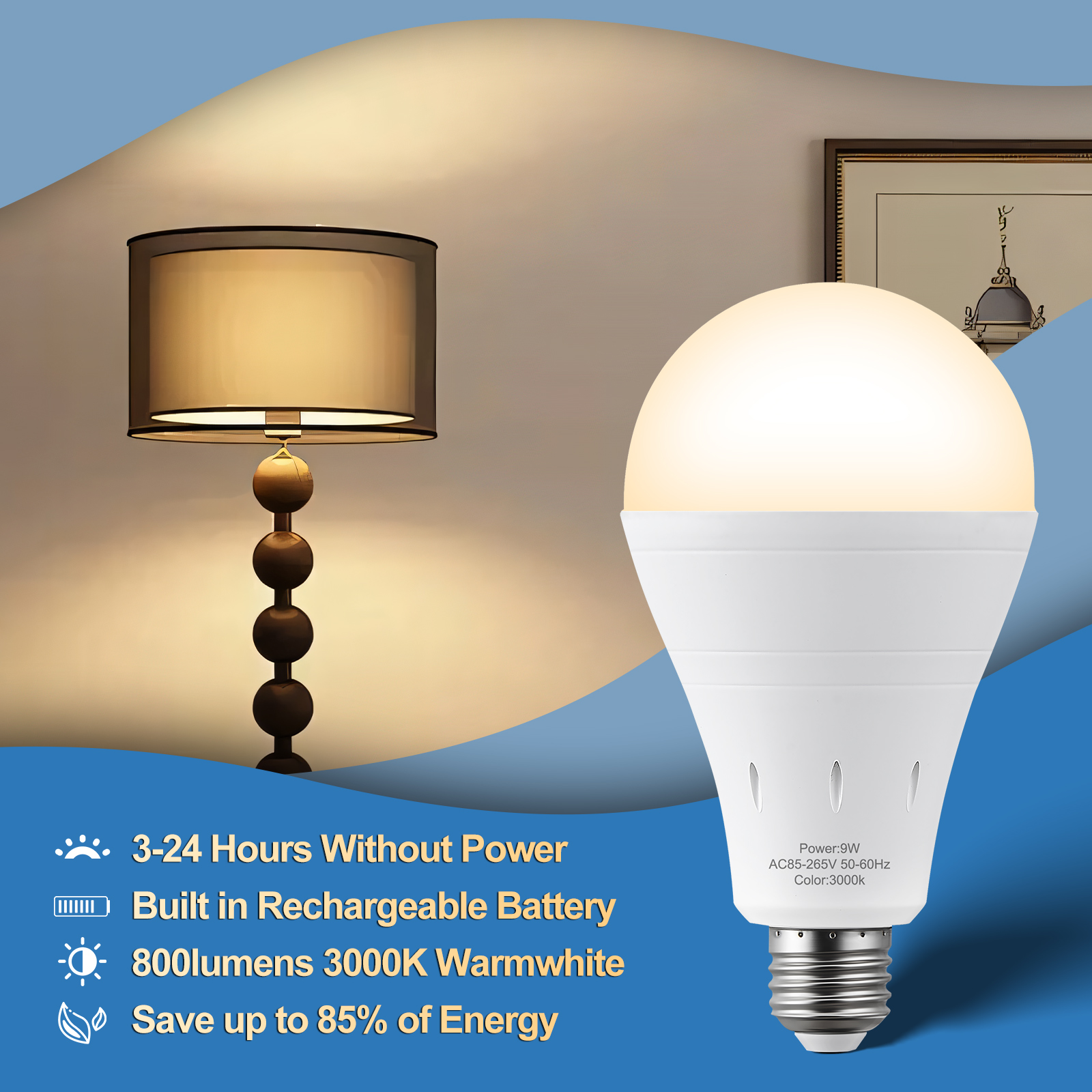 Emergency Rechargeable Light Bulb for Power Outages, 9W Warm White 3000K Self-charging Light Bulb 1200mAh Battery Backup Light Bulbs for Daily,Home Emergency,Outdoor Portable Use