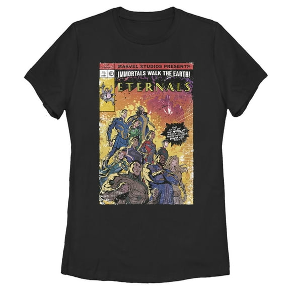Women's Marvel Eternals Retro Group Comic Book Cover  Graphic Tee Black Large