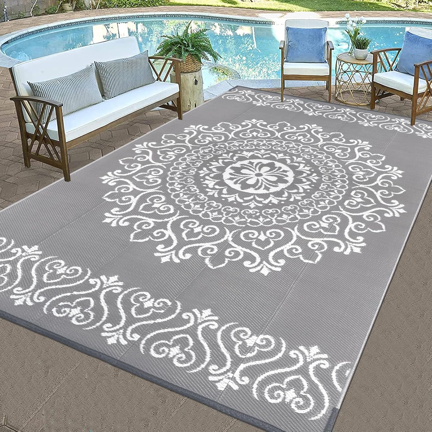 MJIAexp 6'x9' Gray Outdoor Rug Patio Rug Waterproof RV Outdoor Rug Camping Rugs Reversible Plastic Straw Rug Large Outdoor Mat for Camping, Balcony Apartment, Patio, Porch, Picnic, Beach