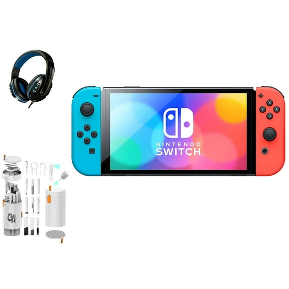 Pre-Owned Nintendo Switch OLED Model Neon Blue/Neon Red Set with BOLT AXTION Cleaning Kit Headset Bundle