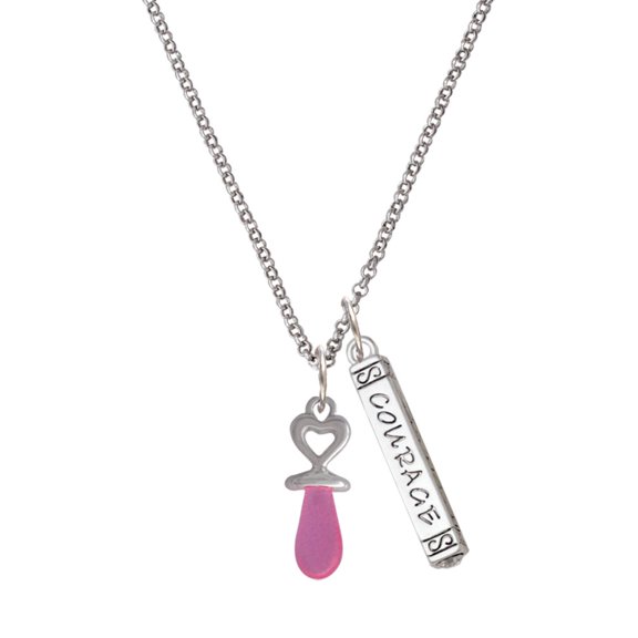Delight Jewelry Silvertone 3-D Pink Baby Pacifier Silvertone Courage Strength Wisdom Honesty Bar Charm Necklace, 23"