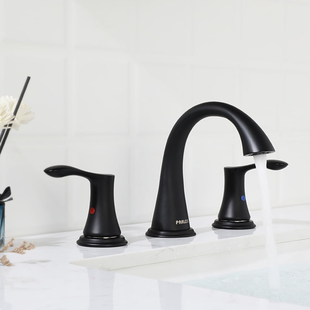 PARLOS Widespread 2 Handles Bathroom Faucet with Metal Pop Up Sink Drain and cUPC Faucet Supply Lines, Matte Black