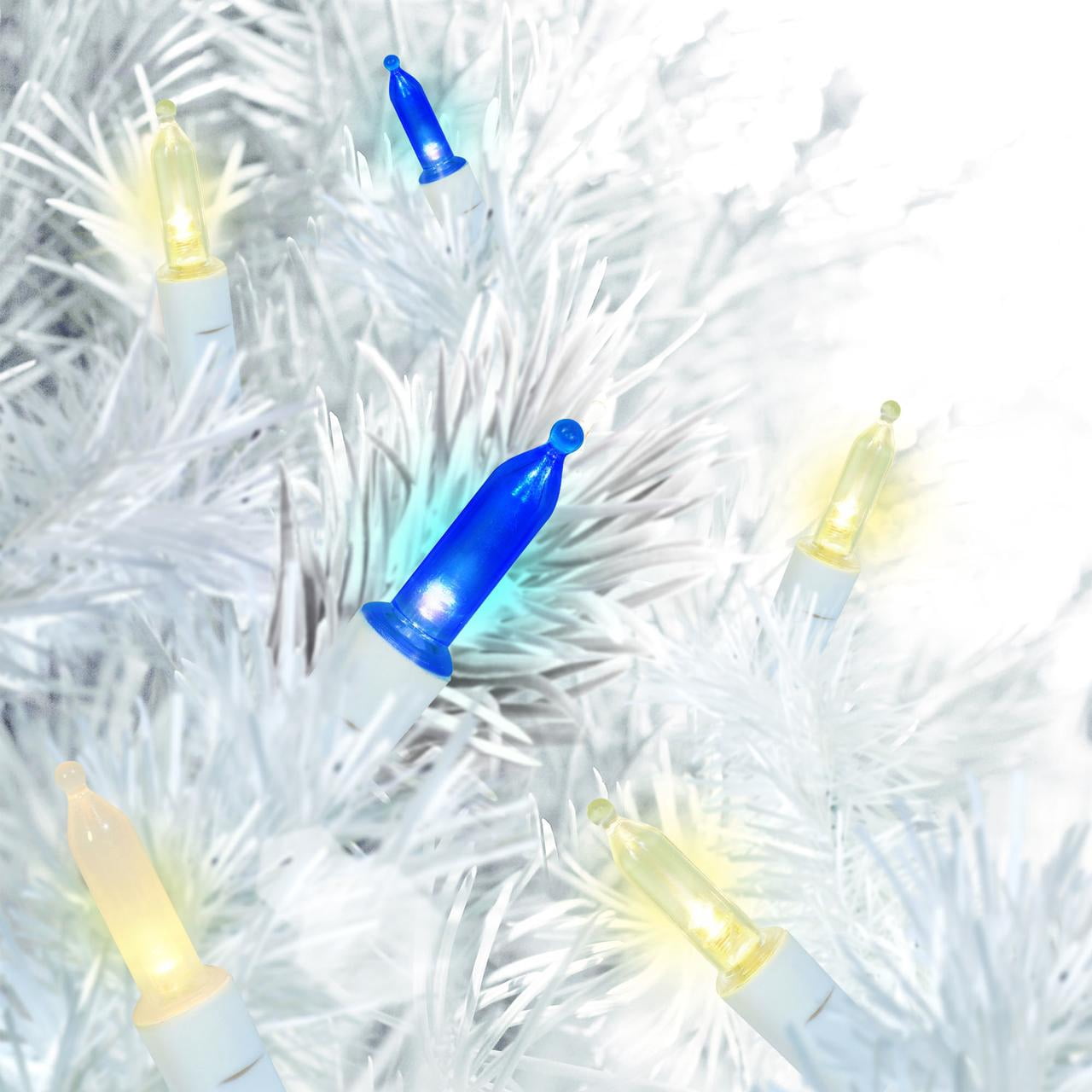 50-Count Blue, Warm White, Frosted White LED Mini Christmas Lights with White Wire, 11', Holiday Time