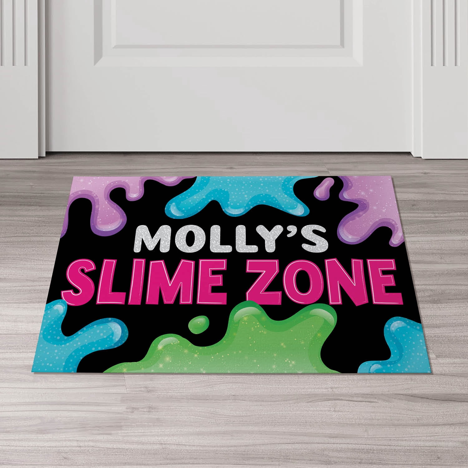 Personalized Planet 27x18 Kids Slime Zone Doormat with Custom Name Printed on Colorful Rectangular 1/8” Thick Non Slip Mat for Kitchen Hallway Deck or Porch