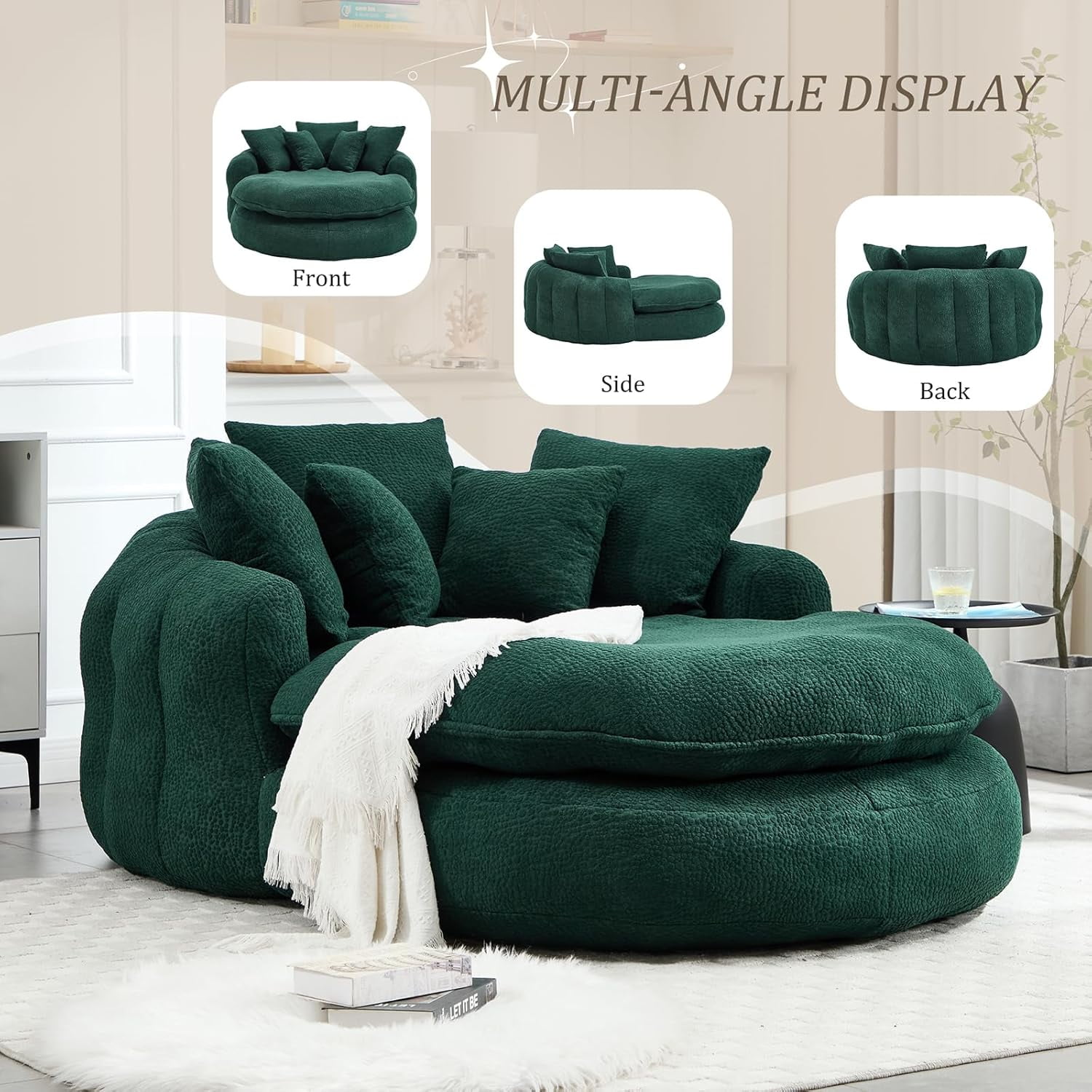 AENKYO Oversized Chenille Bean Bag Sofa with 5 Pillows, Oval Lazy Floor Sofa with Wraparound Backrest for Adults-Green