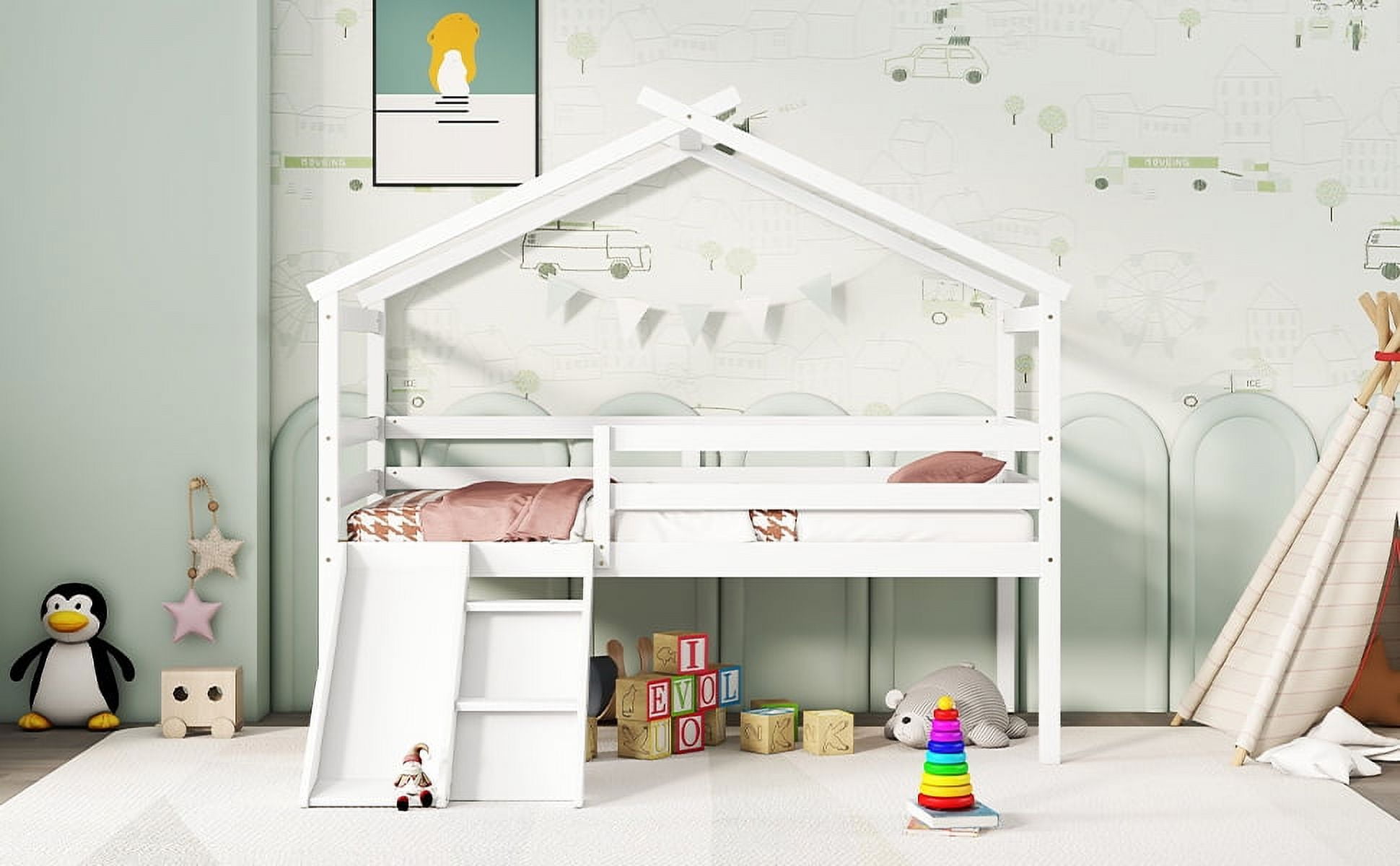 Mintazer Twin Size House Loft Bed with Slide & Ladder, Playhouse Gable Roof Low Loft Bed Frame with Guardrails for Kids Toddler Bedroom, White