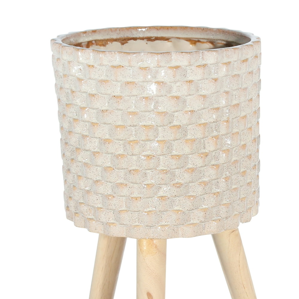 Textured Ceramic Planter With Tripod Legs, Set Of 2, Cream And Brown