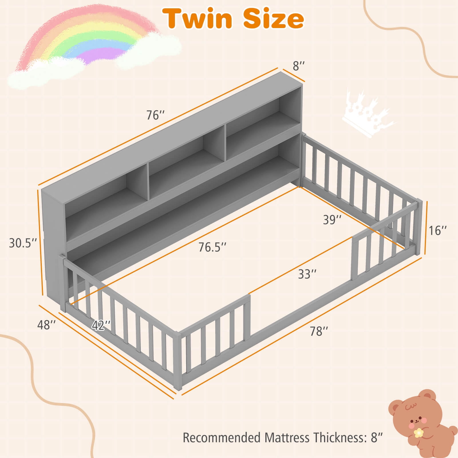 Costway Twin Size Montessori Floor Bed with Bookcase Storage Shelves & Safety Fence Rails Gray