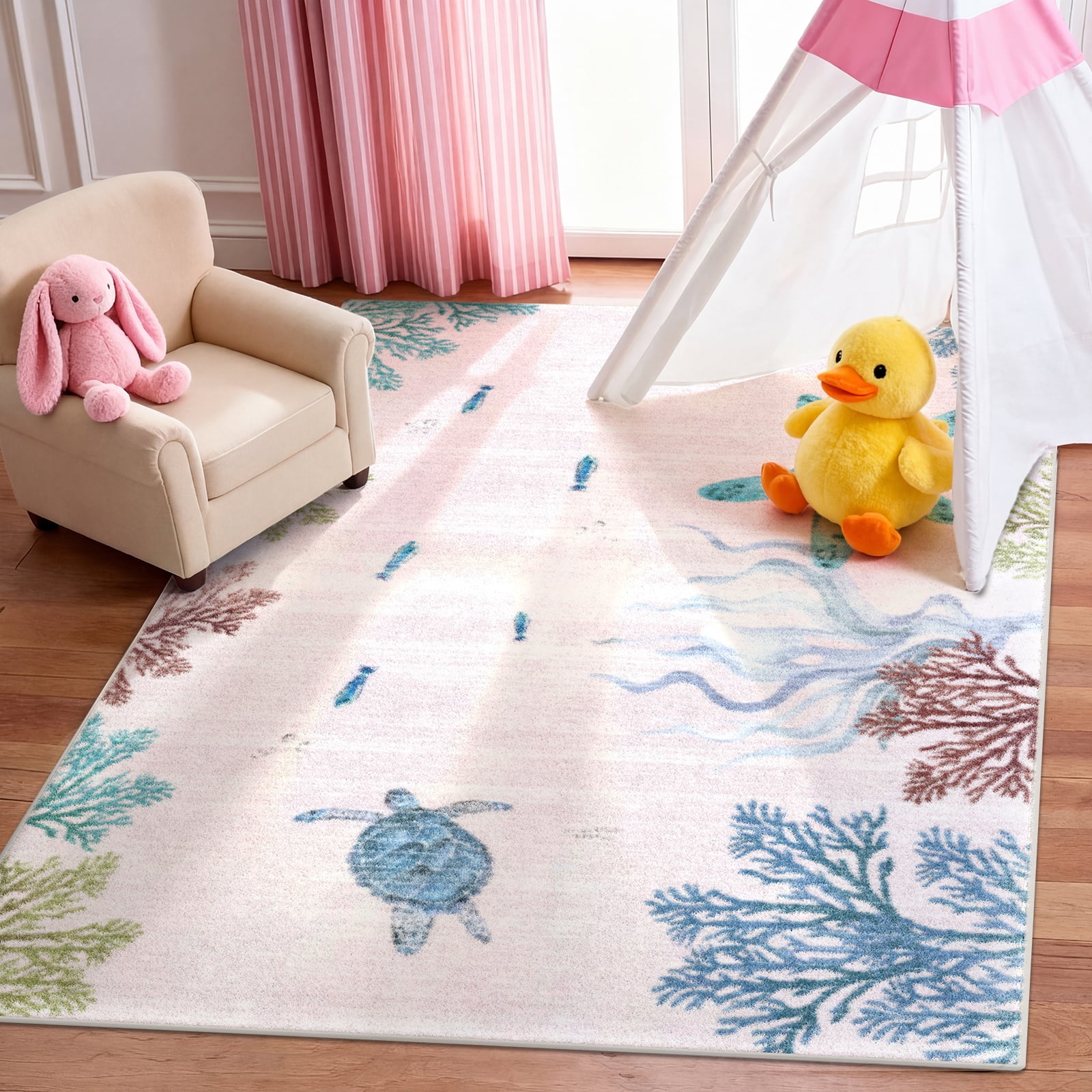 Washable Area Rug for Living Room, 4'x6' Nautical Beach Non-Slip indoor Rug, Soft Low Pile & Stain Resistant Sea turtles Carpet for Bedroom, Dining Room, Kitchen, Entryway, Nursery