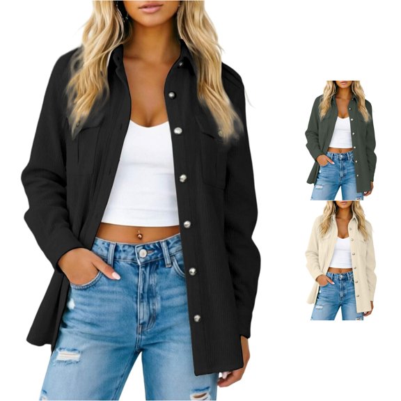 Unir Women’s Casual Solid Corduroy Collared Button Down Shacket Jacket, Long Sleeve Pocket Relaxed Fit Lightweight Outerwear For Fall Winter Daily Wear Size S-XXL Plus Size Friendly