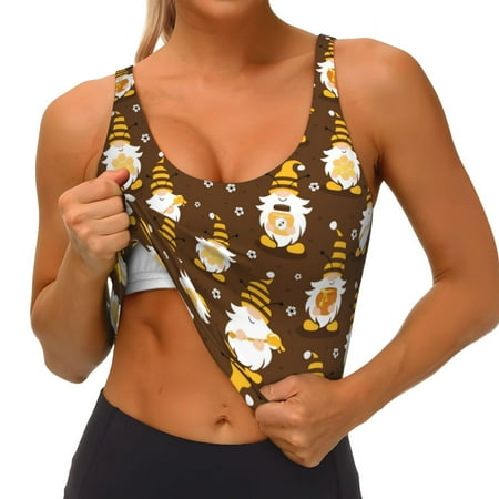 Qokaie Flowers And Gnomes Bees Pattern Womens Scoop Neck Sports Bra Breathable Workout Vest Padded U Back Medium Impact Fitness Gym Yoga Bra Workout Crop Top