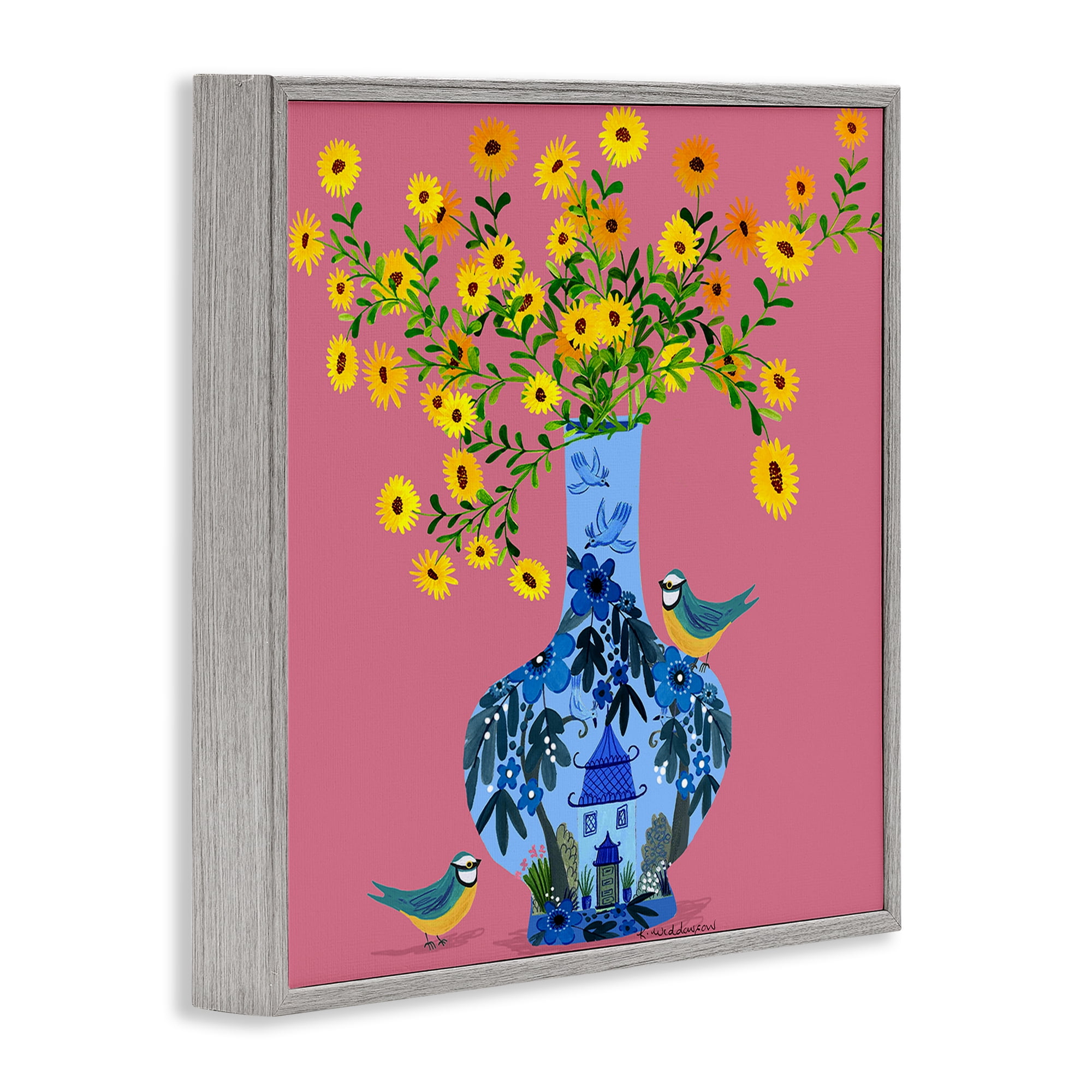 Stupell Industries Ornate Vase with Daisies Floral Painting Gray Framed Art Print Wall Art, 17 x 17