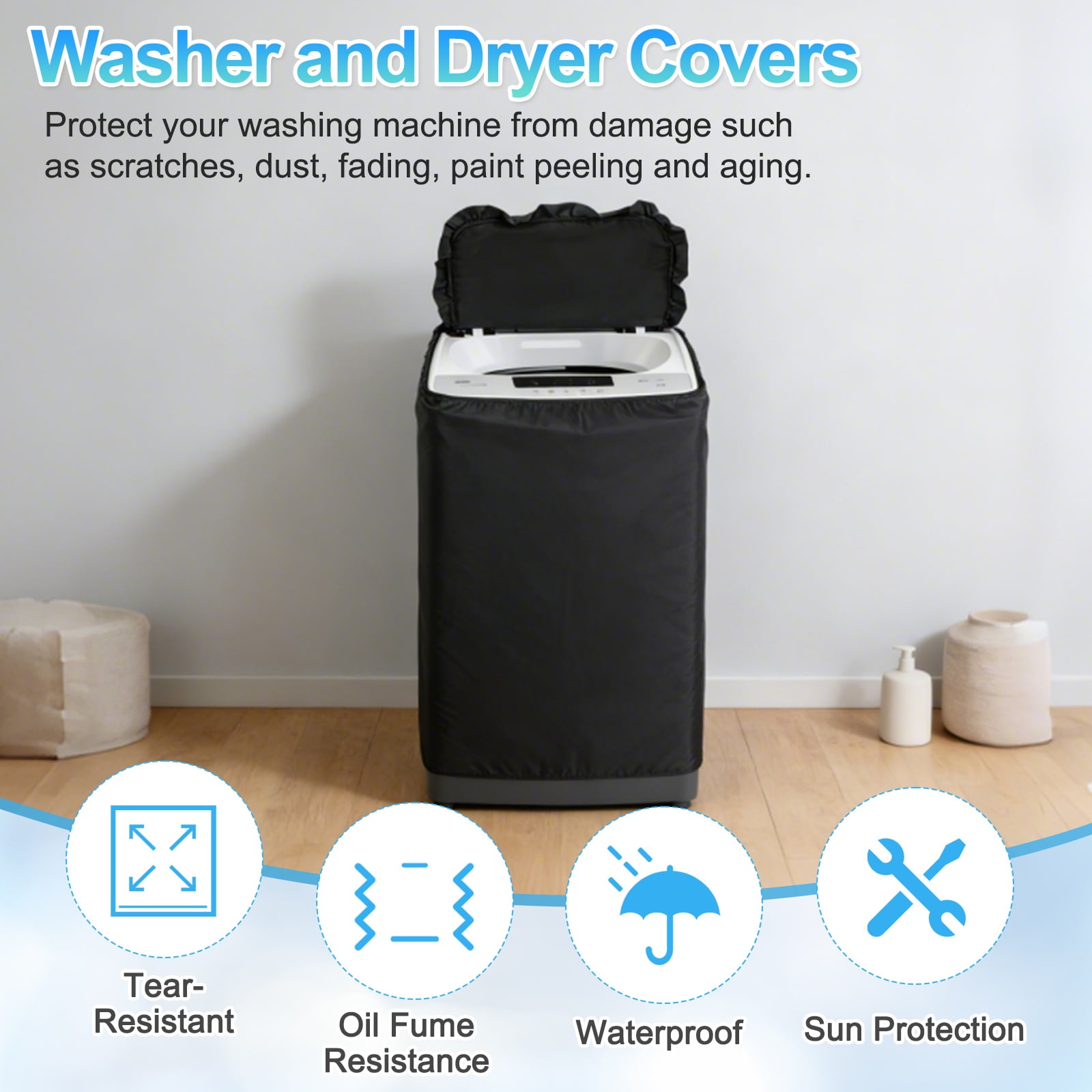 Uxcell Washer and Dryer Covers 21"x22"x35"- Waterproof, Dustproof, Sun-Proof Top-loading Washing Machine Cover for Laundry Room Balcony, Black