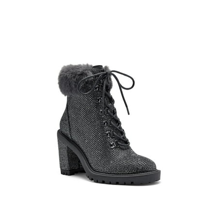 Jessica Simpson Deliah Pewter Multi Dazzling Fur Cuff Block Heel Combat Bootie (9, PEWTER MULTI)