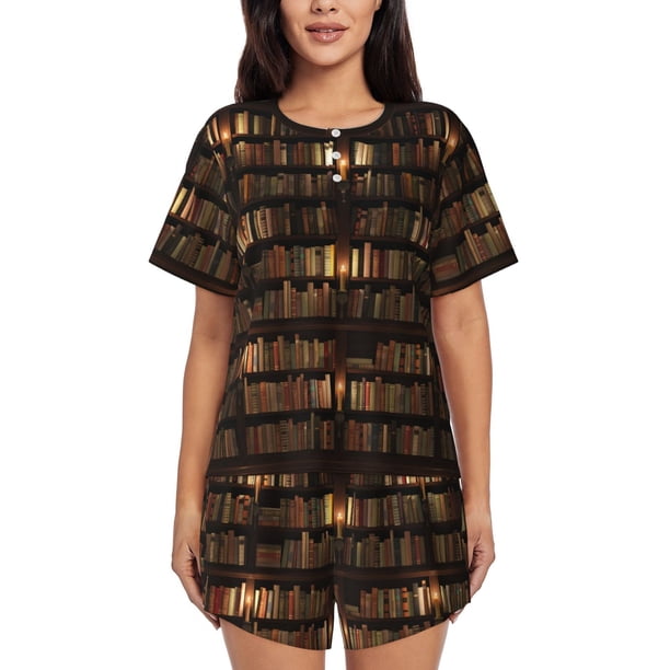 Fotbe Bookshelves Conjunto de Pijama Estampado para Mujer, 2 Piezas, Ropa de Dormir con Camiseta de Manga Corta y Shorts Suaves-Medium