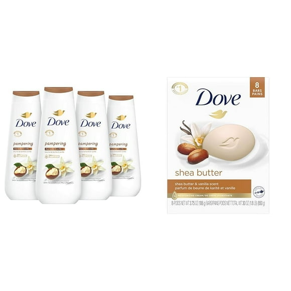 Dove Body Wash Pampering Shea Butter & Vanilla 4 Count for Renewed & Beauty Bar Skin Cleanser for Gentle Soft Skin Care Shea Butter More Moisturizing Than Bar Soap 3.75 oz 8 Bars
