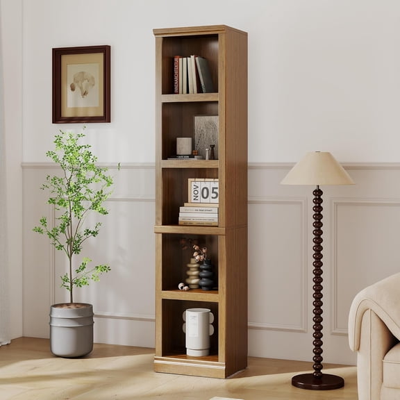 5-Shelf Narrow Bookcase Wooden Tall Bookshelves Floor Standing Display Storage Shelves Vintage Oak Bookcase for Home Office, Living Room, Bed Room